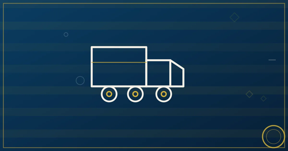 Abstract illustration of a box truck on a city delivery route in lapis blue and gold tones, urban skyline
