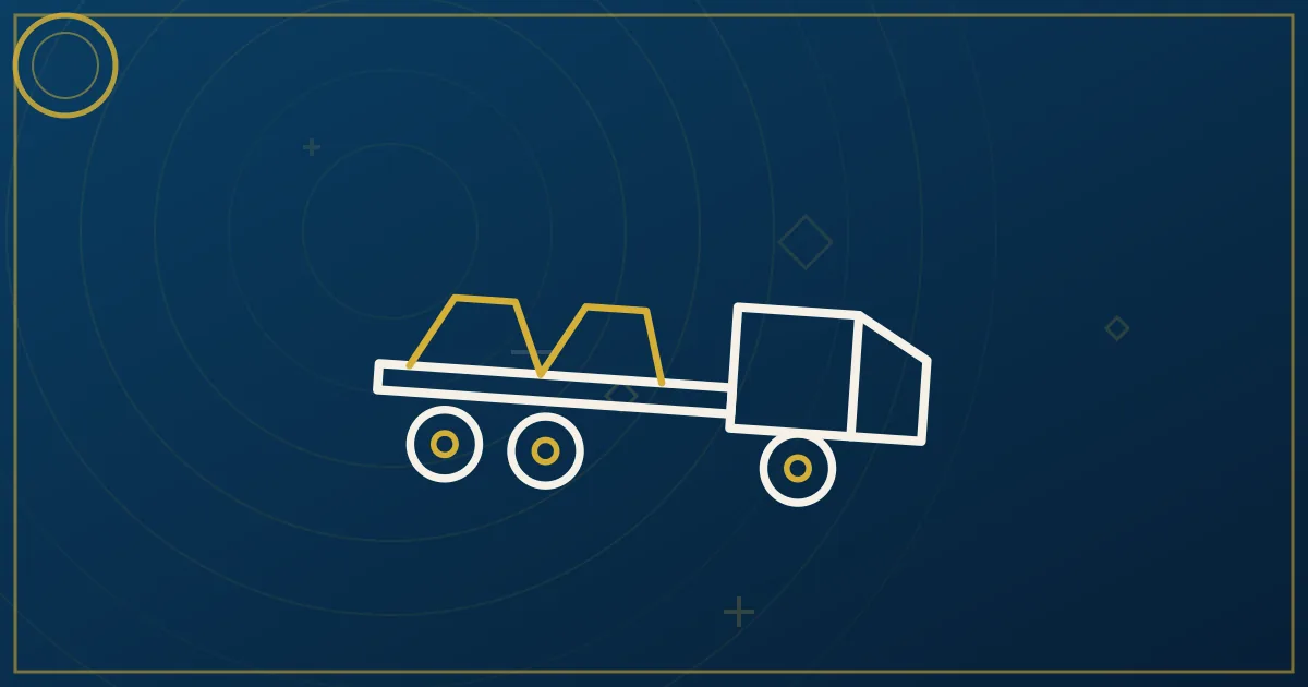 Abstract illustration of a flatbed semi-truck with secured steel coils and tarps in lapis blue and gold tones
