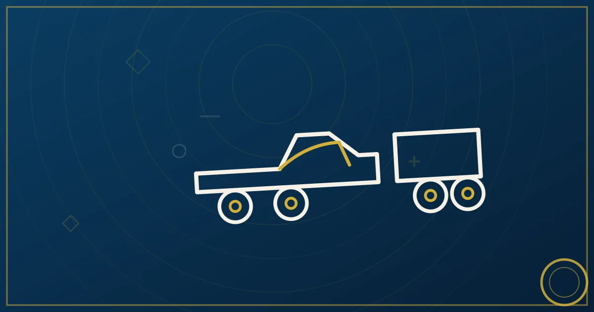 Abstract illustration of a heavy-duty pickup towing a gooseneck trailer at highway speed in lapis blue and gold tones