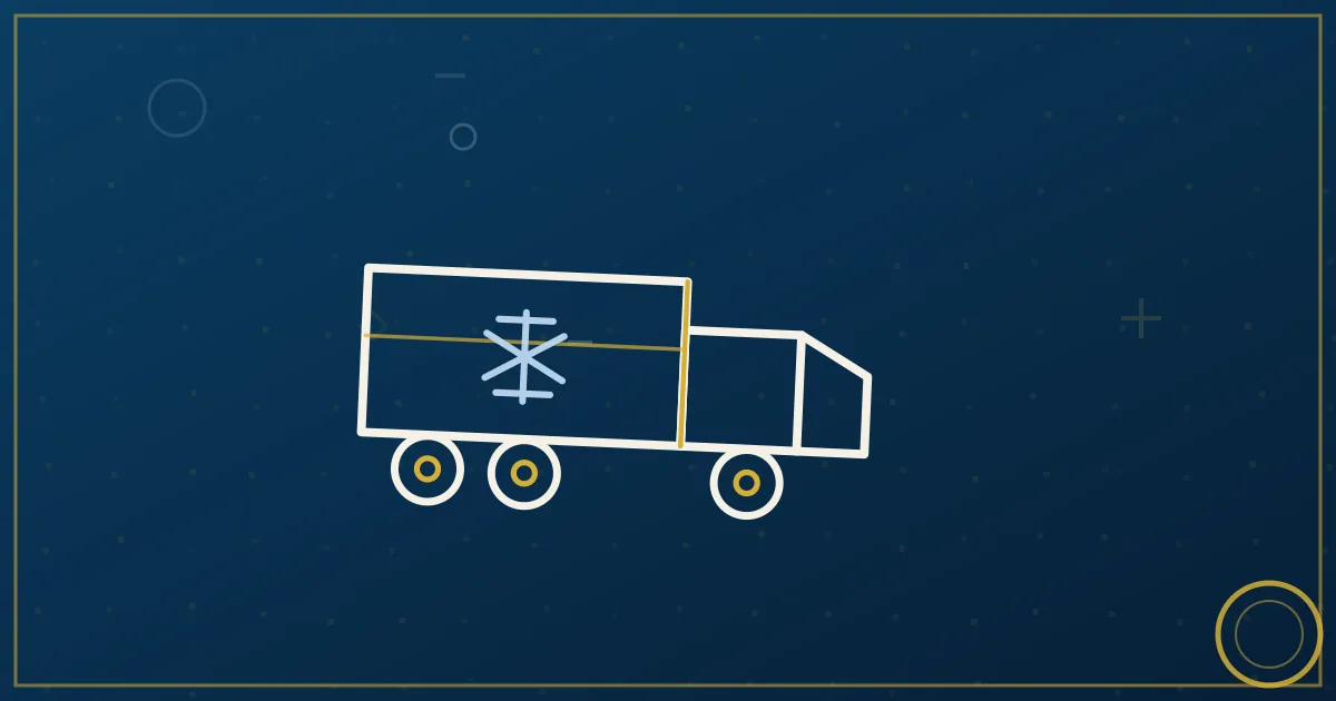 Abstract illustration of a refrigerated semi-truck with cooling airflow in lapis blue and gold tones, cold chain