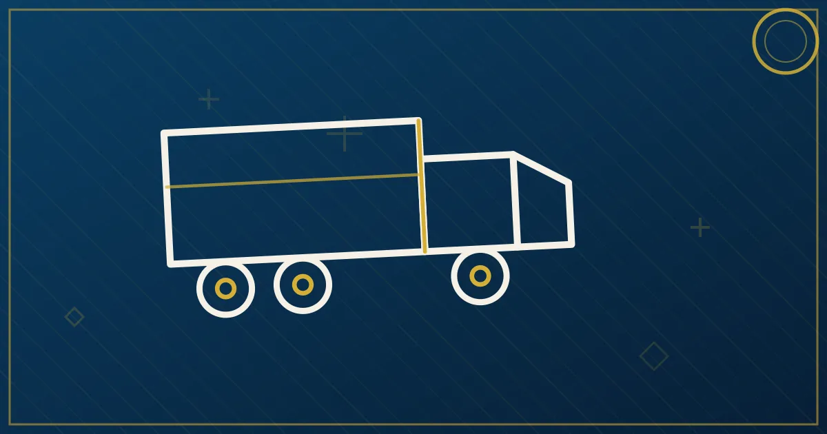 Line-art semi approaching a border gate with document ribbons flowing ahead of the truck toward the booth