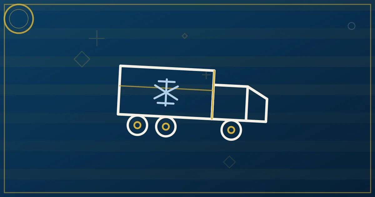 Line-art milk tanker with a droplet badge, a dotted route looping through small farm barns to a processing plant