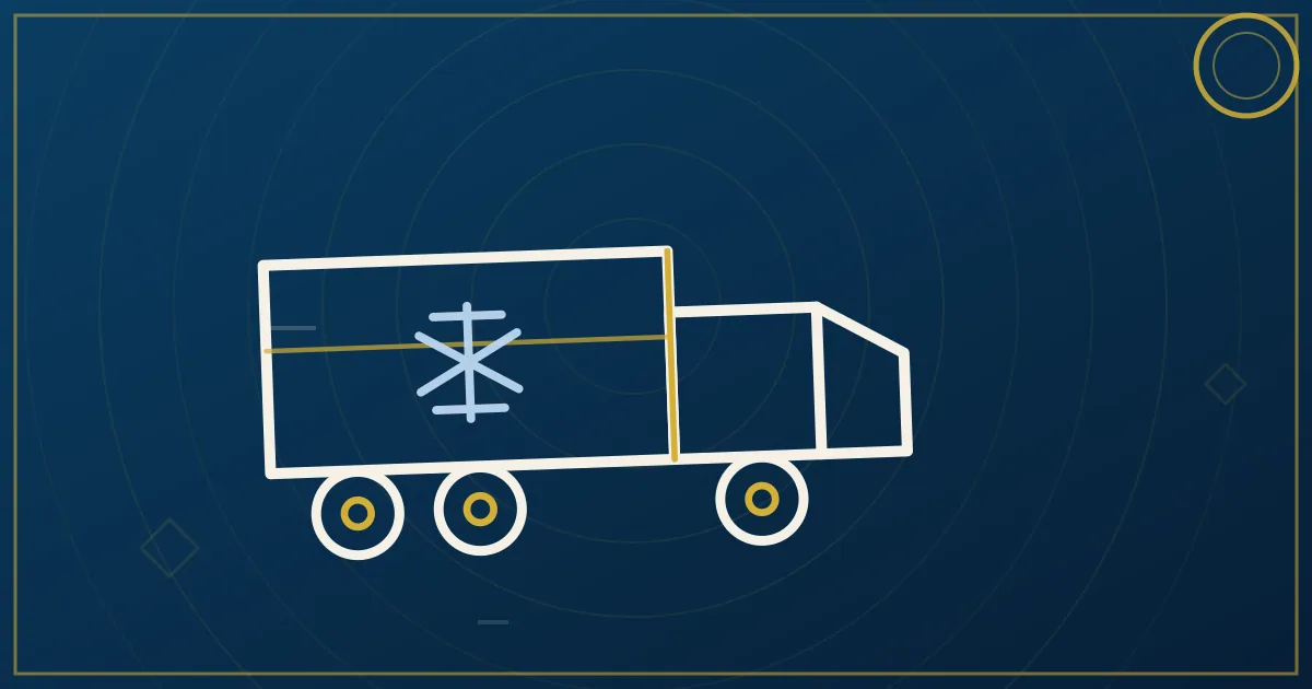 Lapis-blue and gold illustration of a stainless tanker truck on a rural road past dairy farm fields at dawn
