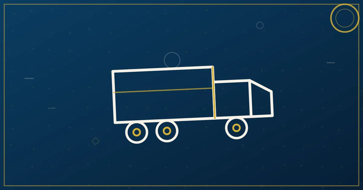 Line-art state-line marker straddled by a highway, a semi crossing between two state outlines, tax document icons floating