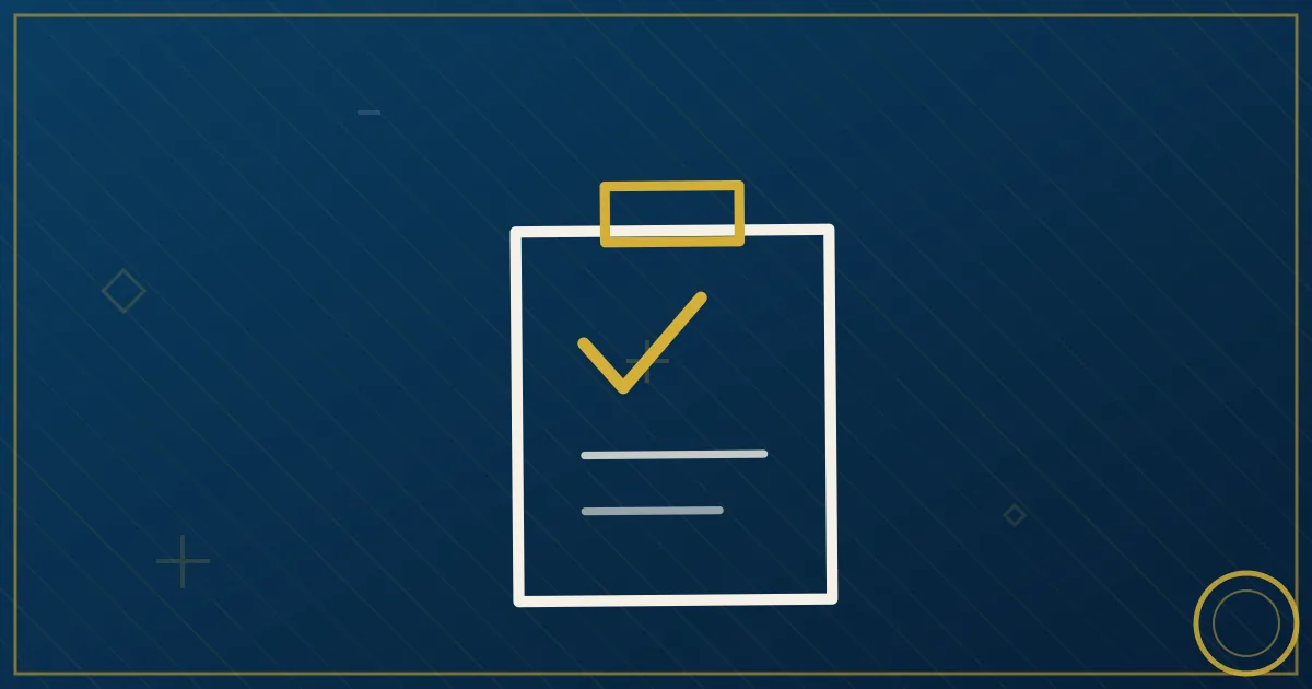 Abstract illustration of a magnifying glass over an inspection report in lapis blue and gold tones, documents