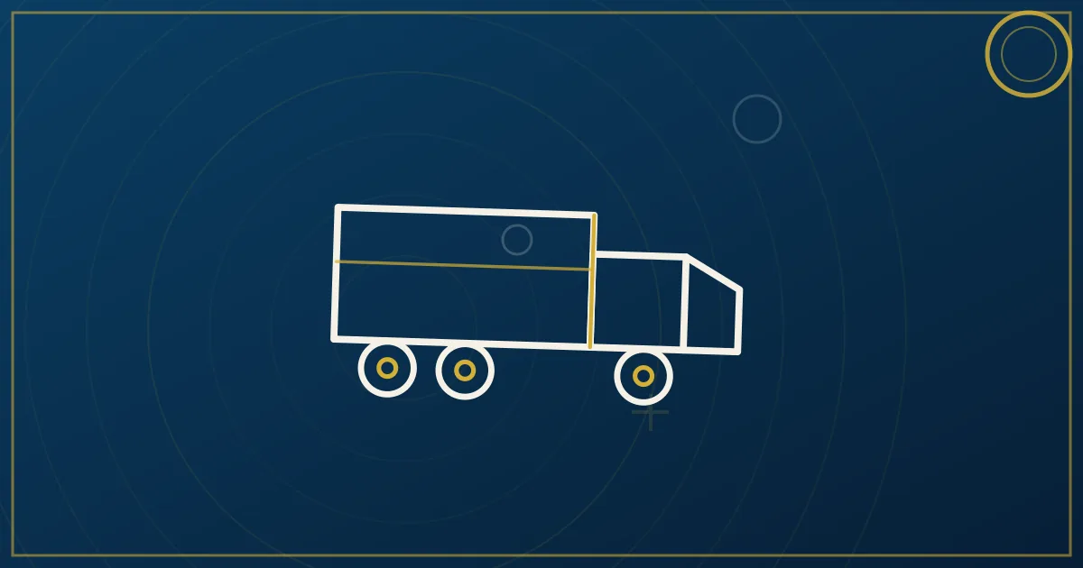 Line-art of two city markers joined by a thick repeated route line with small trucks shuttling back and forth