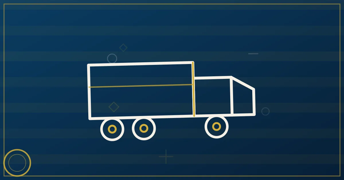 Relief truck with water pallets heading to a storm-cleared horizon, staging tents and clipboard checklist in geometric style