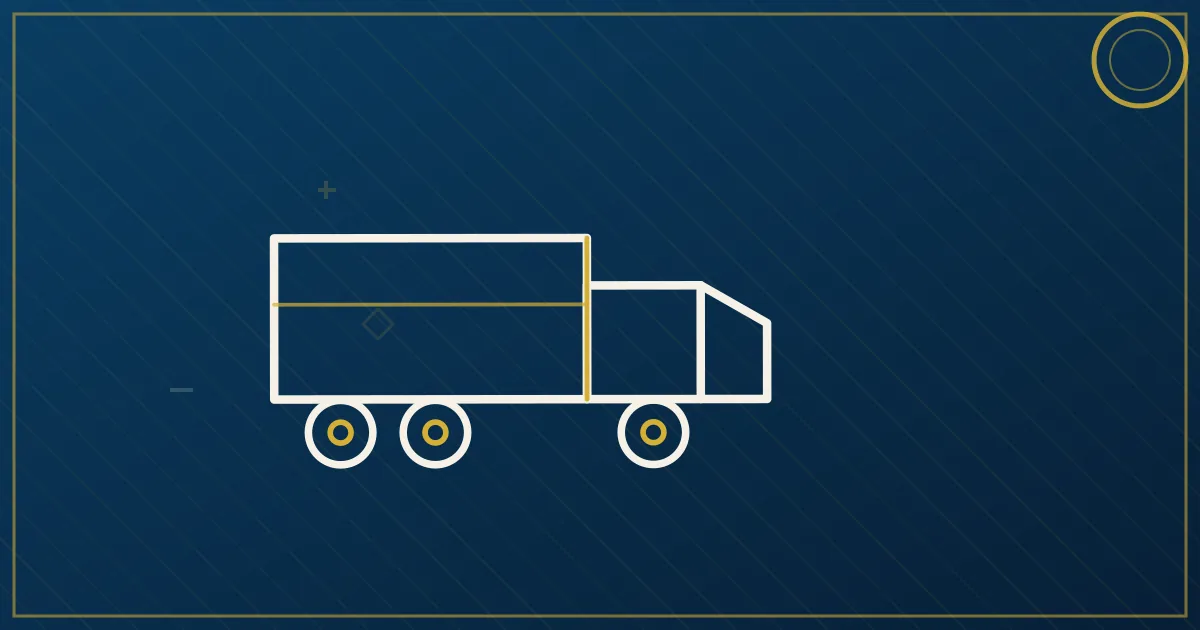 Highway splitting at the border into two lanes with a truck centered on the crossing point