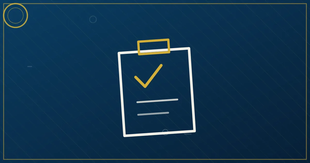Line art of a cracked document seal being stitched beside a fresh checkmark seal, lapis blue and gold