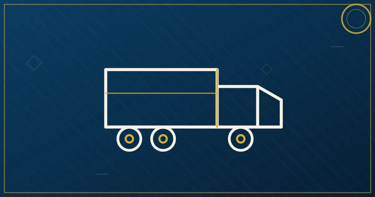 Lapis-blue and gold illustration of multiple semi trucks in formation representing fleet dispatch operations