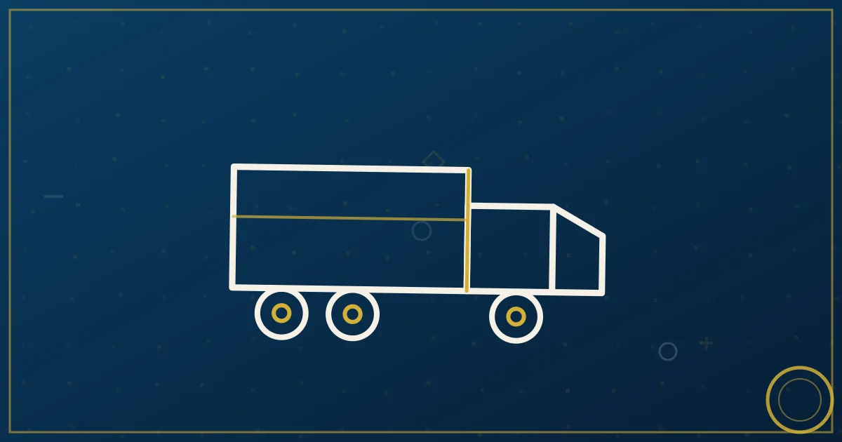 Lapis-blue and gold illustration of a semi truck on an American highway at sunrise symbolizing new opportunity