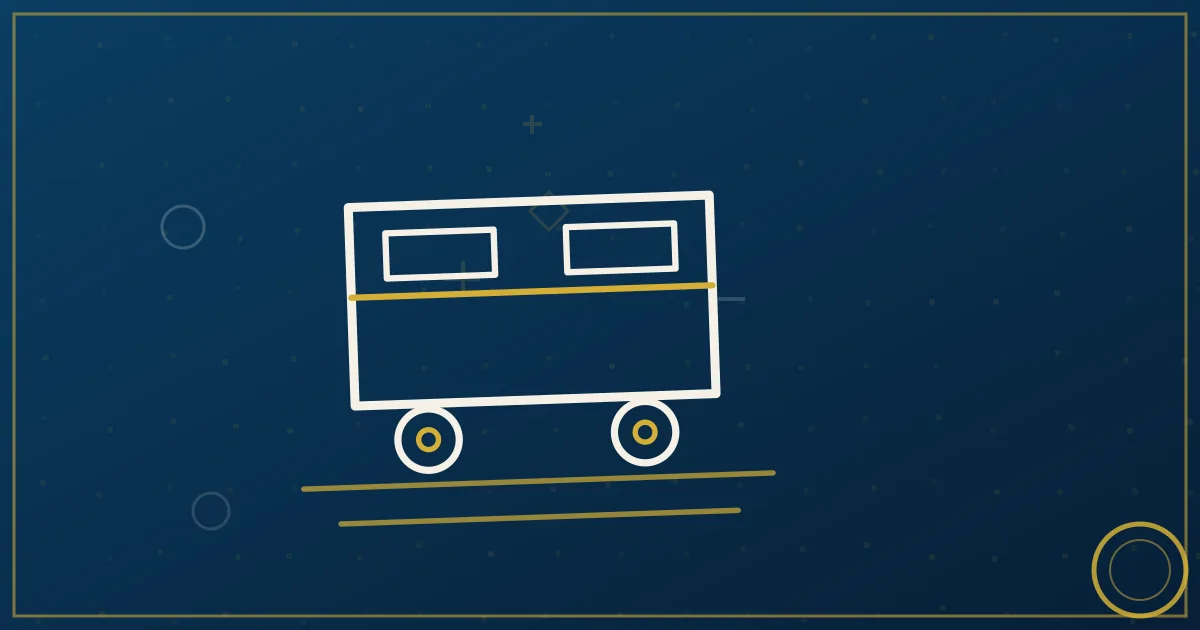 Container mid-transfer between a crane silhouette and truck chassis, clock in the crane arm, lapis-blue gold line-art