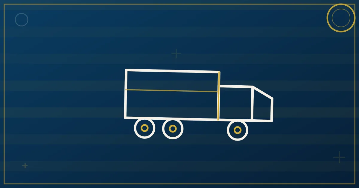 Folded flag silhouette transitioning into a highway horizon with a small truck in lapis blue and gold tones
