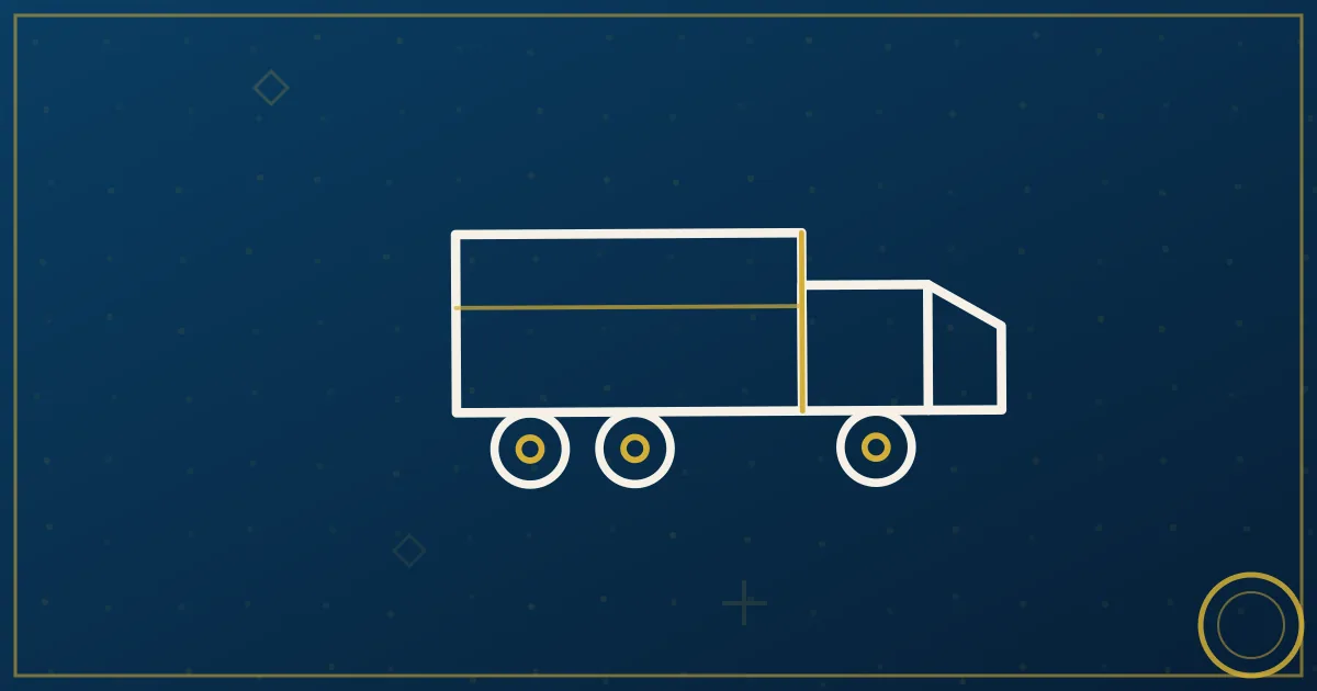 Line art of a calendar with scattered highlighted days and a truck route threading through them, lapis blue and gold