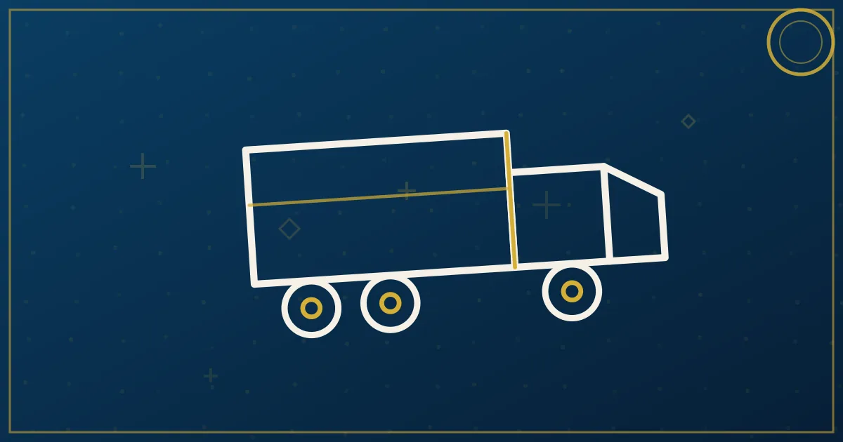 A rocking chair beside a semi truck connected by a looping dotted road, geometric design in lapis blue and gold