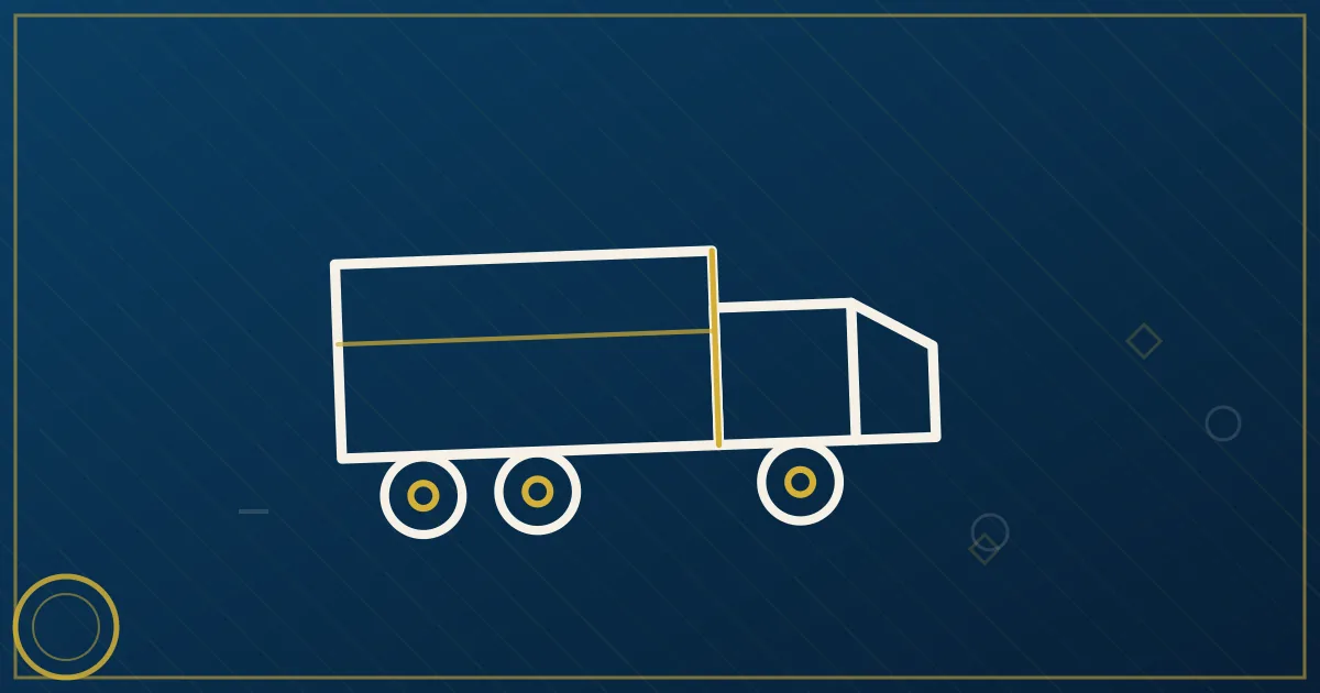 Lapis-blue and gold illustration of a semi truck rejoining a highway via an on-ramp at sunrise