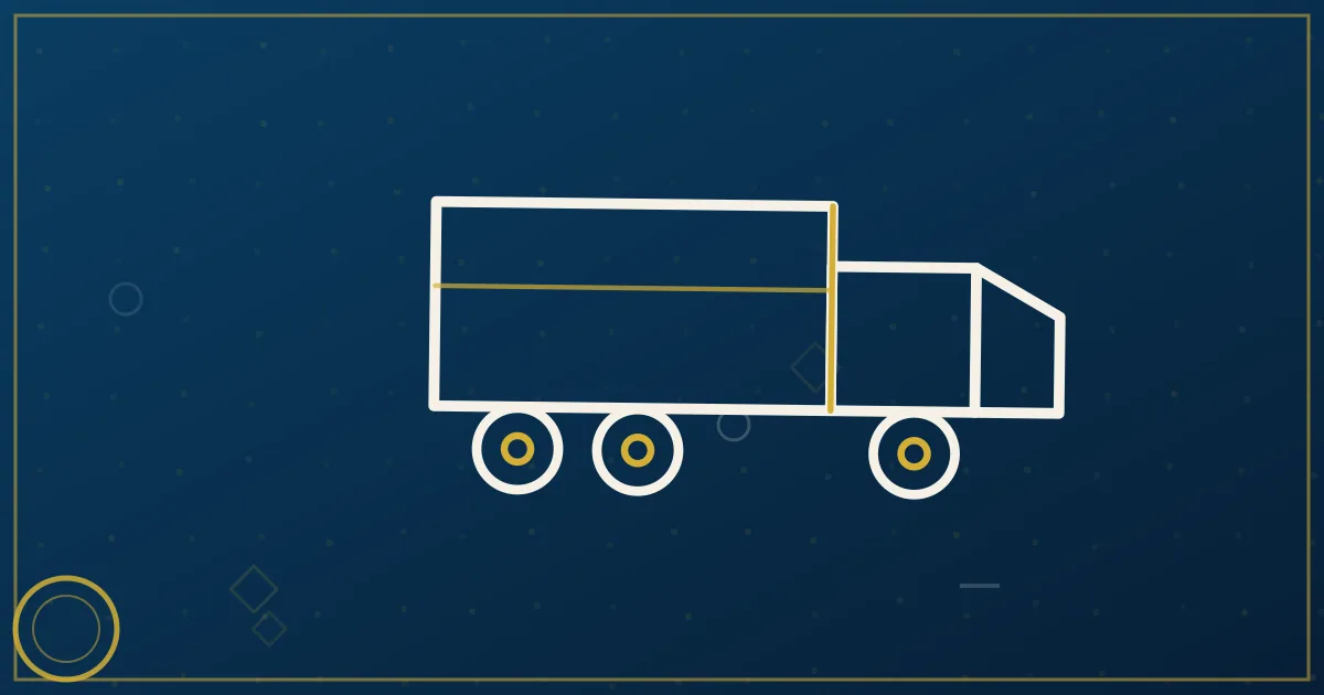 Lapis-blue and gold illustration of a semi truck on a highway at sunrise with a road sign symbolizing new beginnings