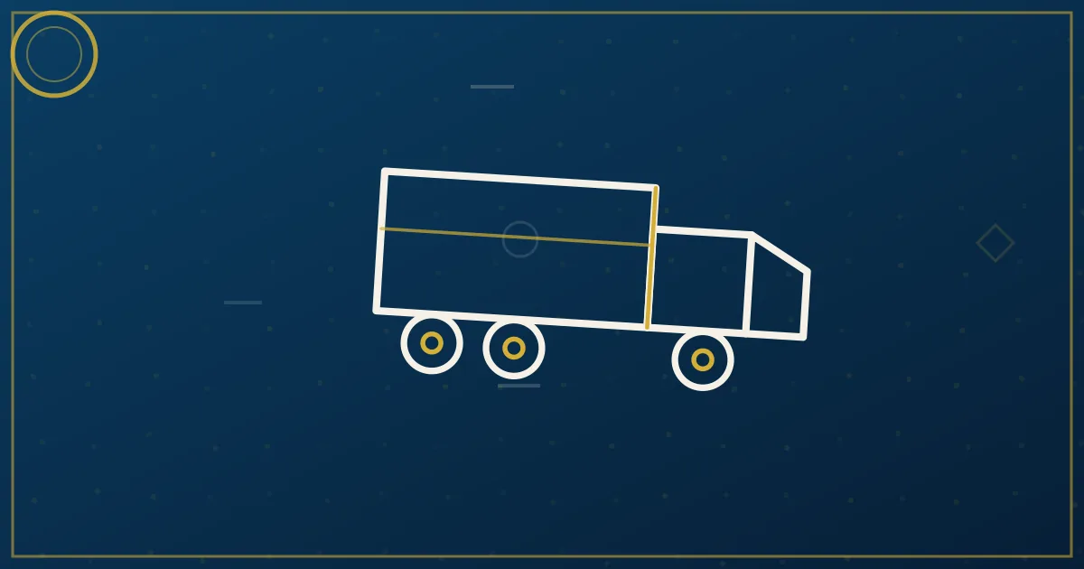 Lapis-blue and gold illustration of a semi truck on an open road at dawn symbolizing a fresh start