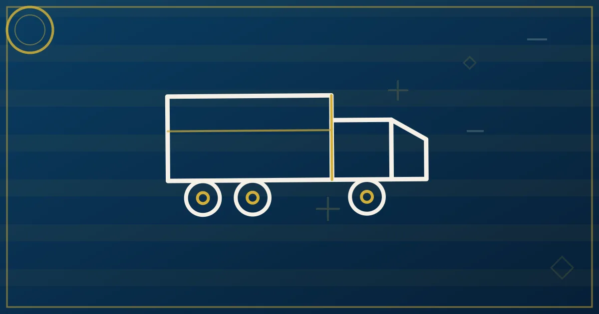 Lapis-blue and gold illustration of a semi truck climbing an upward road symbolizing financial rebuilding