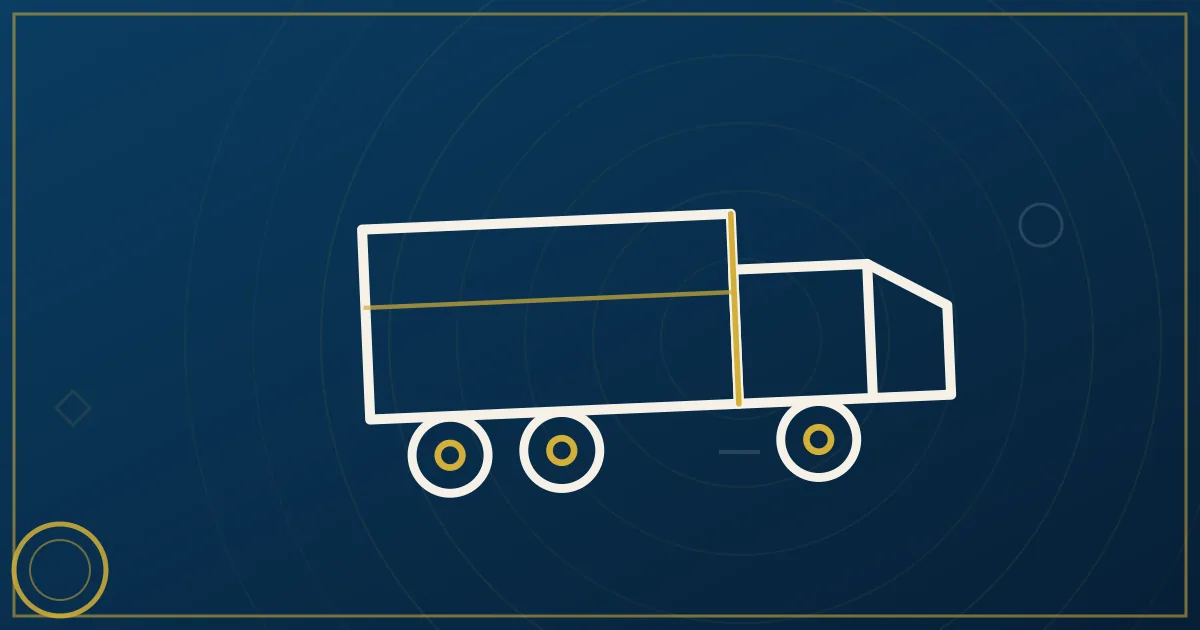 Lapis-blue and gold illustration of a young driver's semi truck on a highway at dawn symbolizing career beginnings