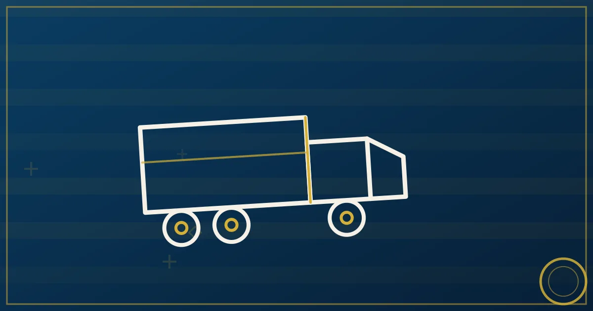 Lapis-blue and gold illustration of onboarding documents and a W-9 form on a desk beside a semi truck