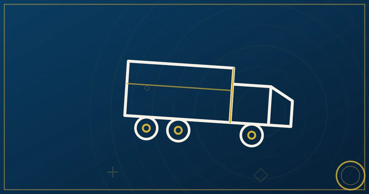 Load-board grid beside a telephone headset with arrows bridging them and a steering wheel below, lapis blue and gold