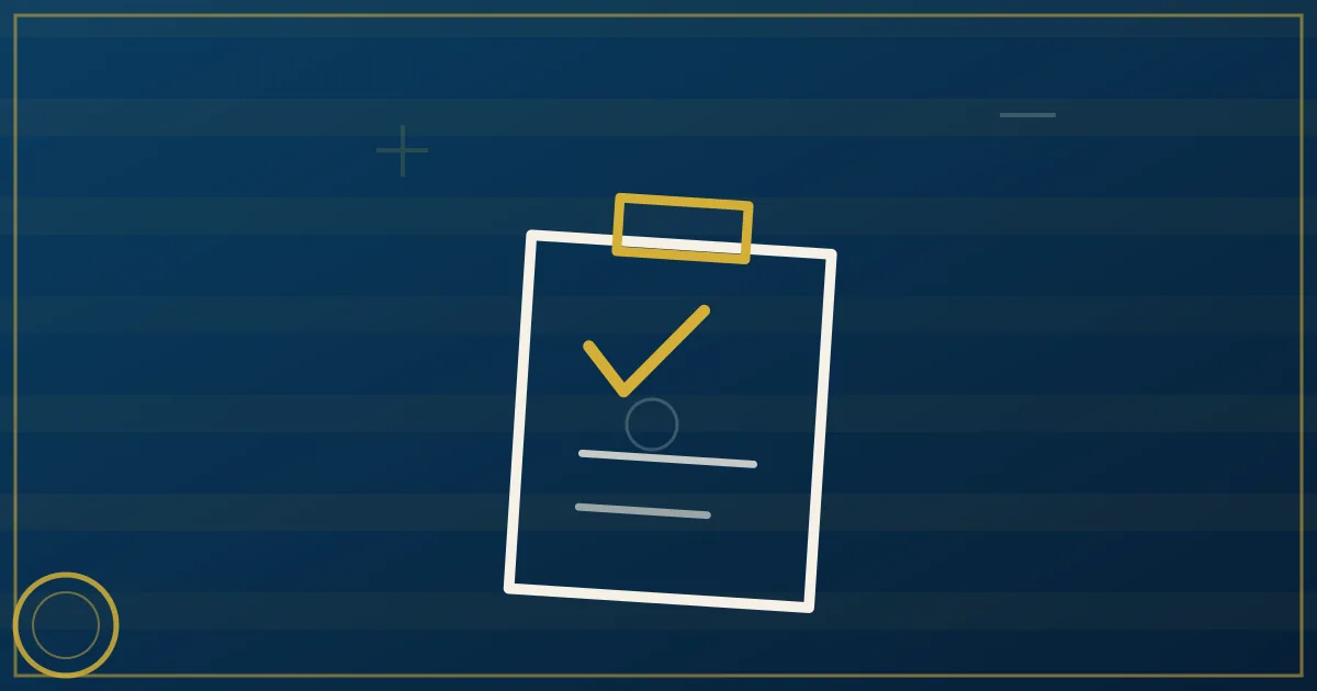 Lapis-blue and gold illustration of a compliance checklist with six labeled sections beside a semi truck and file folders