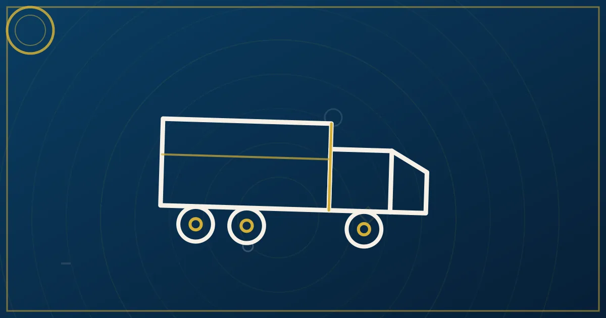 Lapis-blue and gold illustration of a semi truck at a highway inspection station with traffic cones