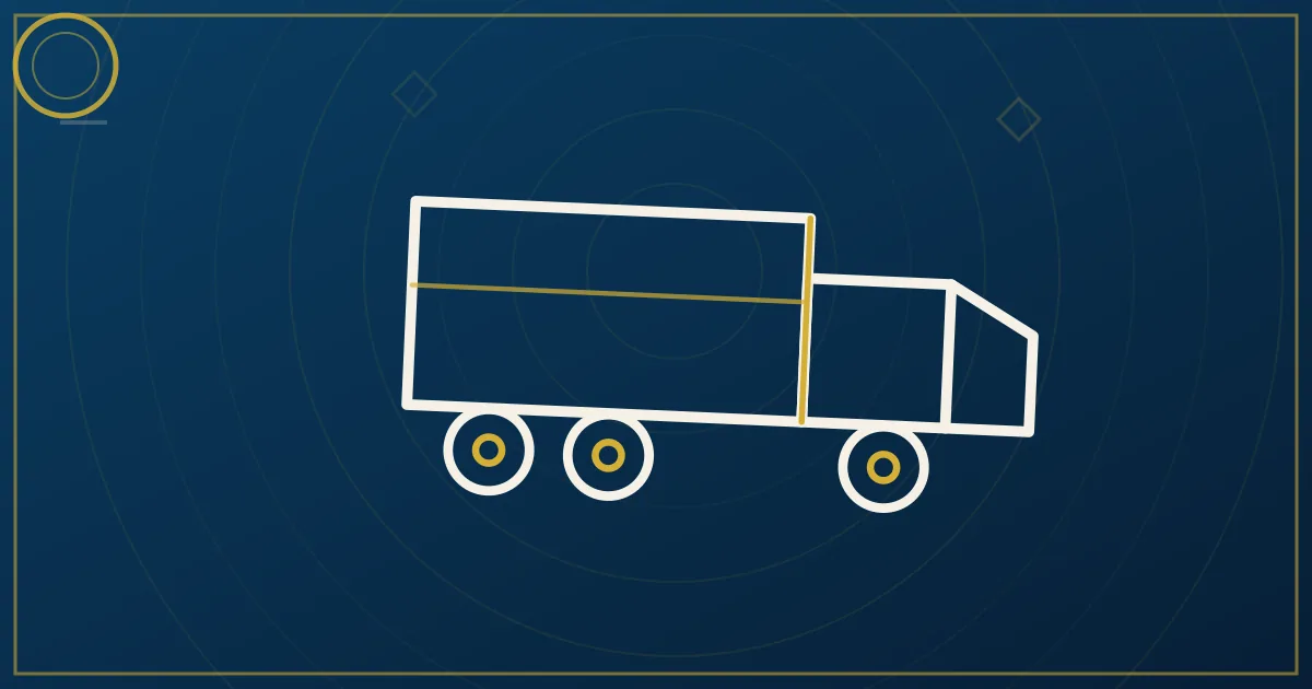 Lapis-blue and gold illustration: double pup trailers on an interstate. No text, no people, no flags.
