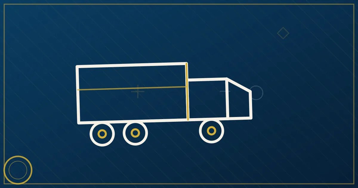 Lapis-blue and gold illustration of a dry van semi truck on a desert interstate with distant mountains