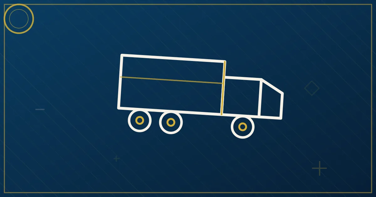 Lapis-blue and gold illustration: dry van trailers at a distribution center. No text, no people, no flags.