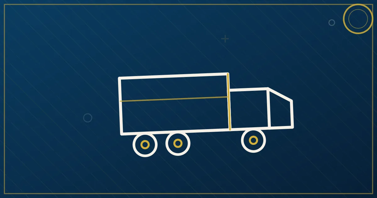 Lapis-blue and gold illustration of a dry van semi truck on a highway with automotive factory silhouettes and a bridge
