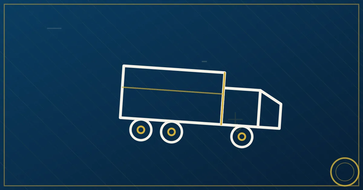 Lapis-blue and gold illustration: dry van truck near port cranes. No text, no people, no flags.