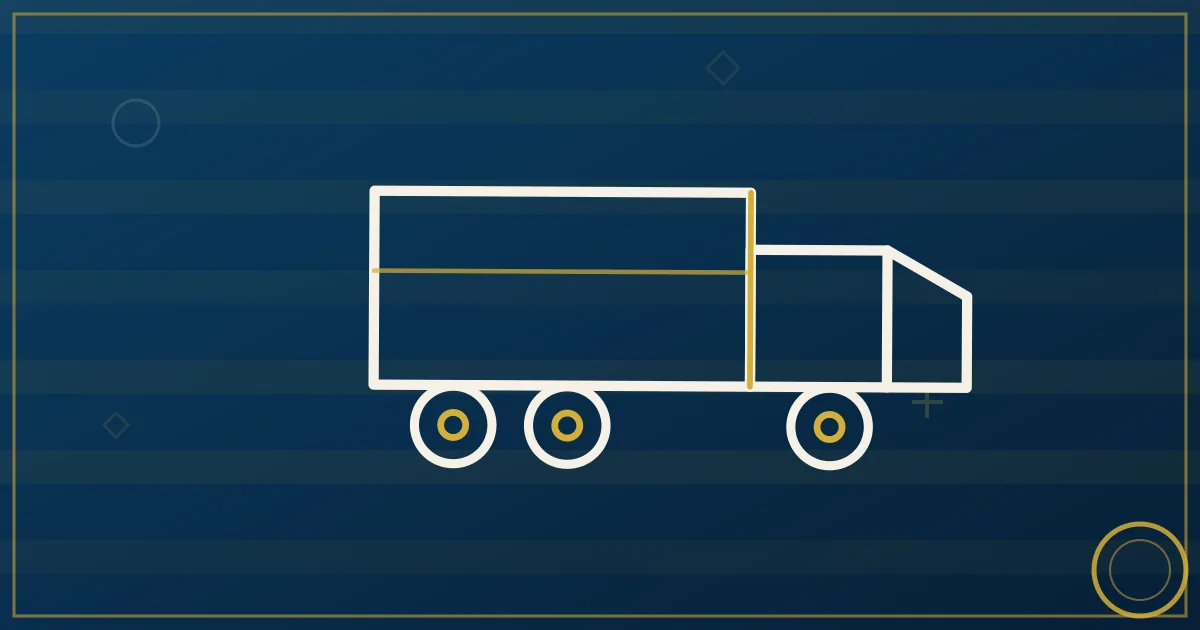 Line-art 53-foot box trailer with commodity icons flowing into its open rear doors and a route line exiting
