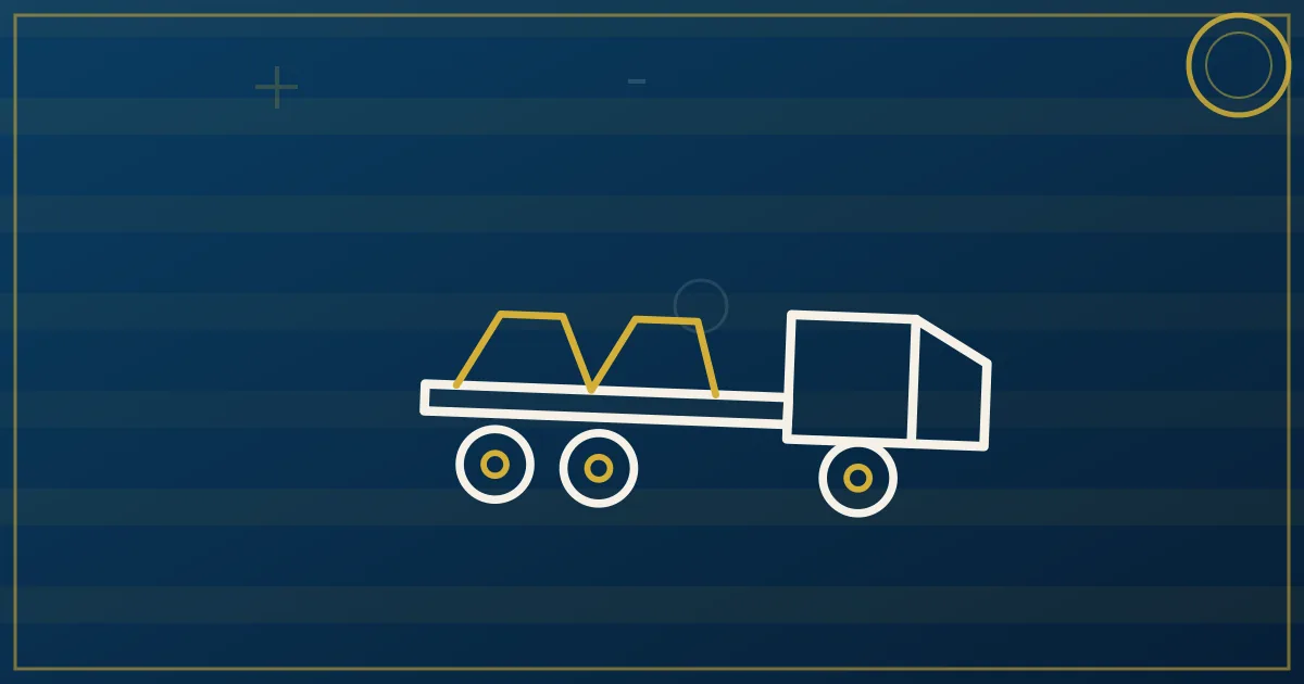 Lapis-blue and gold illustration of a dry van trailer and a flatbed trailer side by side on a highway