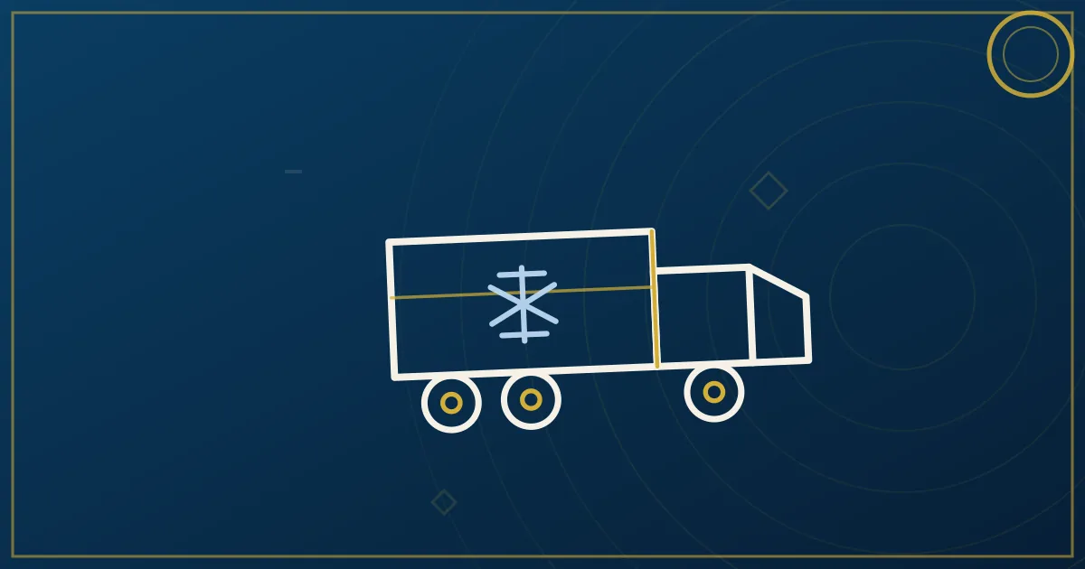 Lapis-blue and gold illustration of dry van and refrigerated trailers side by side on a highway at dawn