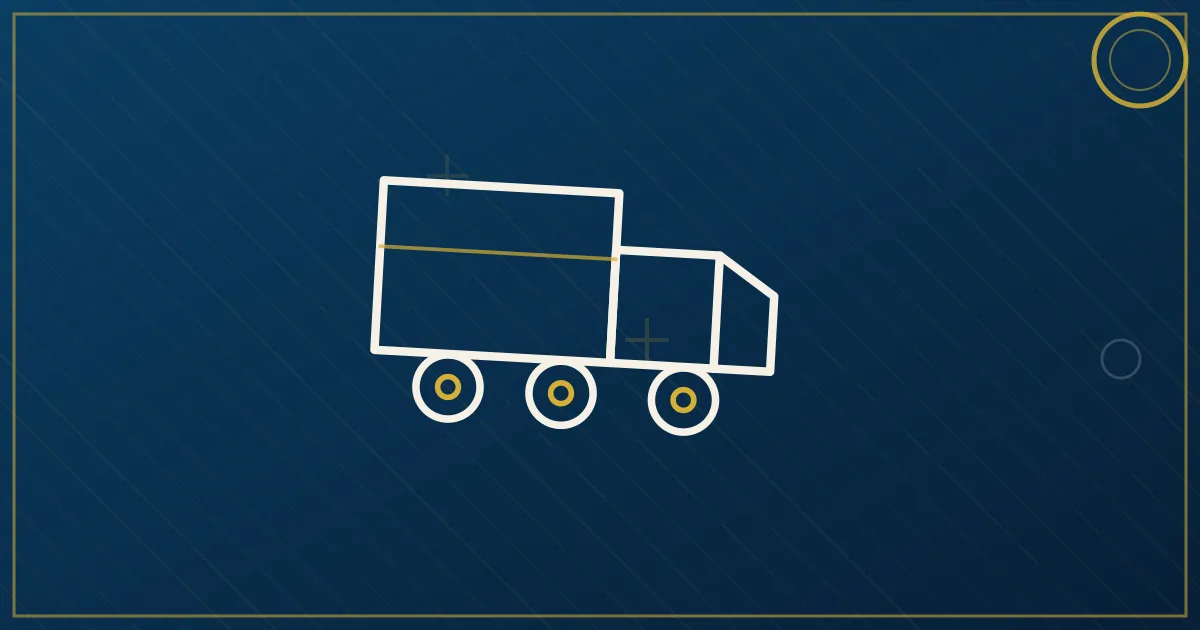 Line-art box truck centered in three dotted route rings: long-haul arc, facility loop, dense neighborhood stops