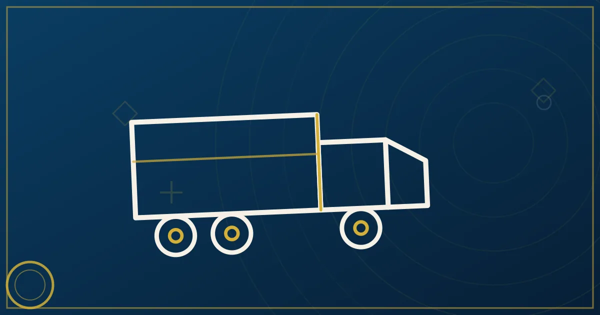 Line-art trailer with an oversized padlock on its rear doors, shield arc over the roof, dotted route with checkpoint nodes