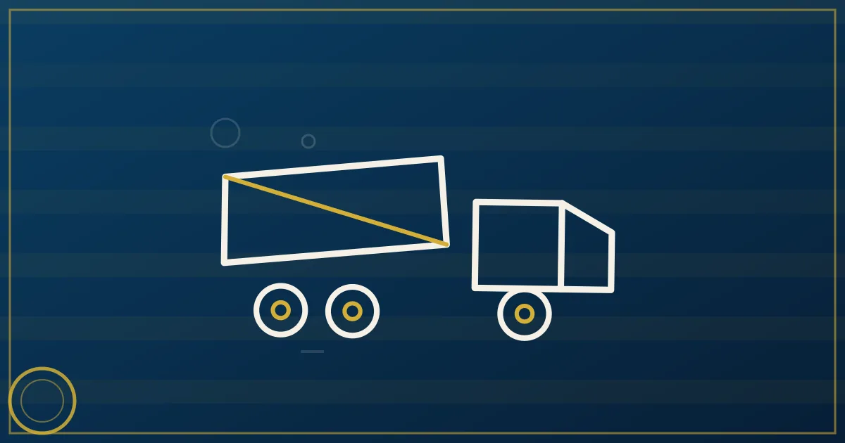 Lapis-blue and gold illustration: end-dump trailer unloading aggregate. No text, no people, no flags.