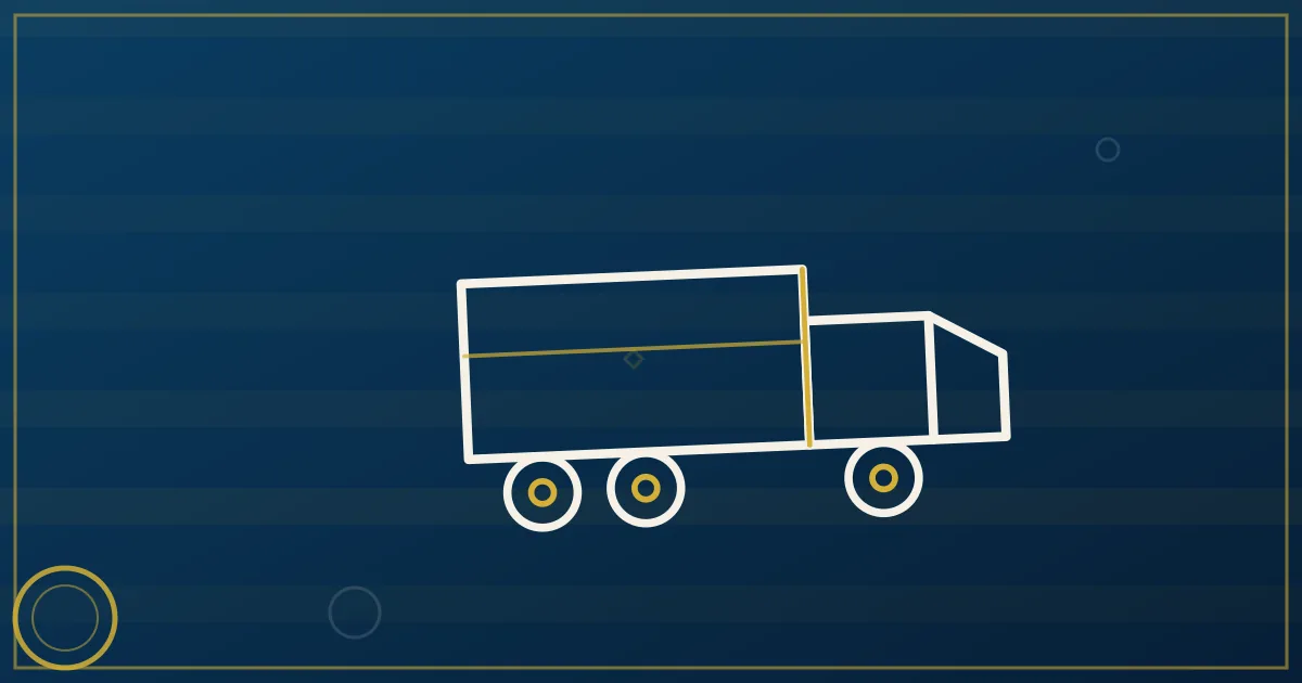 Lapis-blue and gold illustration of a hopper trailer delivering feed at a farm with silos