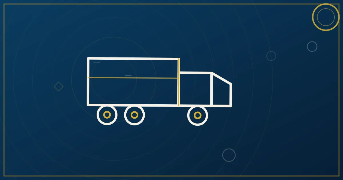 Lapis-blue and gold illustration of a tanker and hopper trailer at farmland representing fertilizer hauling