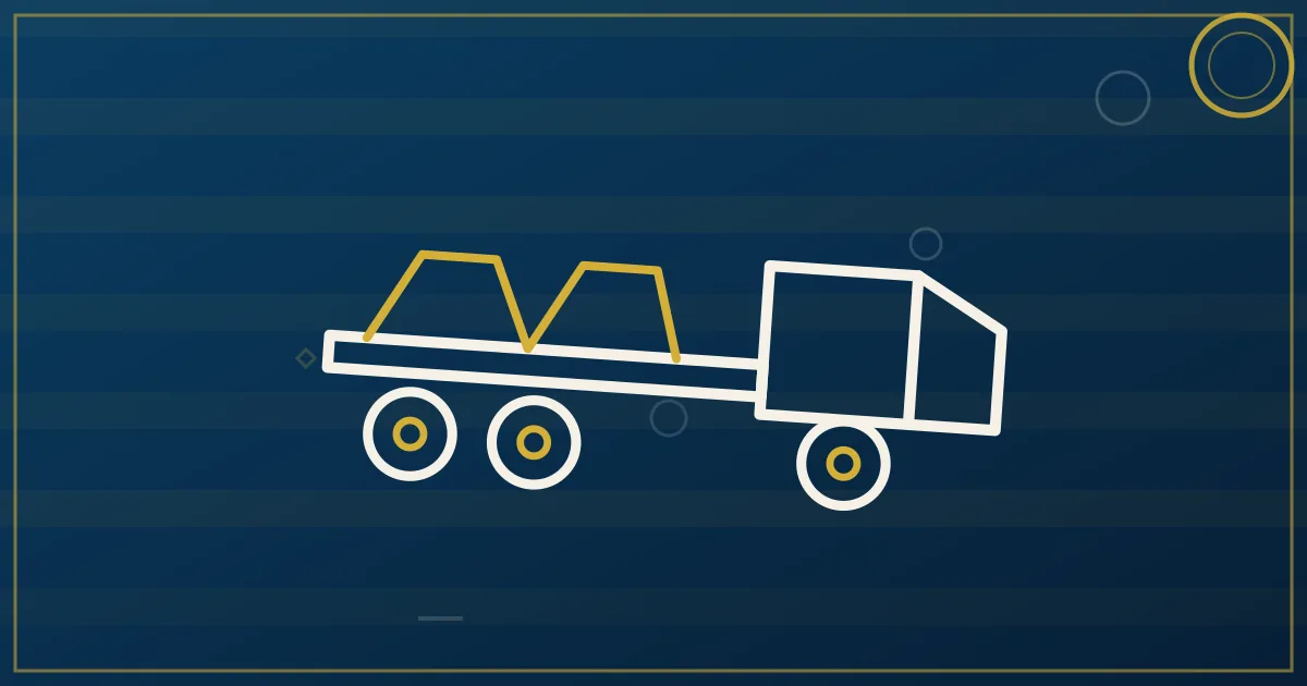 Lapis-blue and gold illustration of a flatbed semi truck loaded with steel beams on a desert highway at sunrise