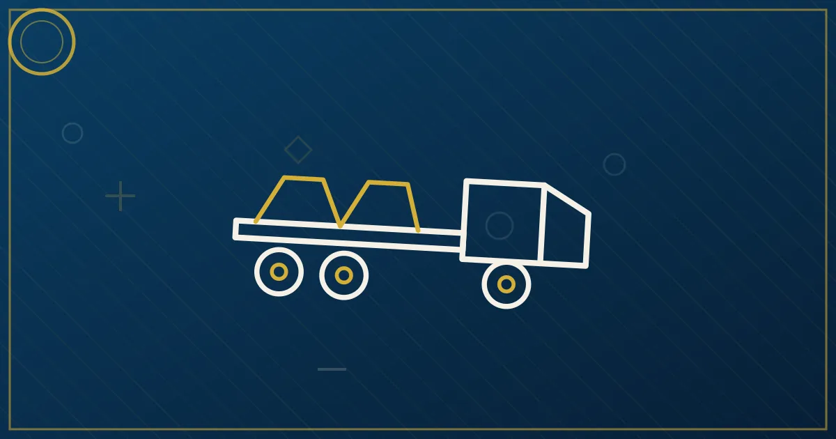 Line-art flatbed carrying stacked lumber with strap lines and redwood tree silhouettes beside a winding highway