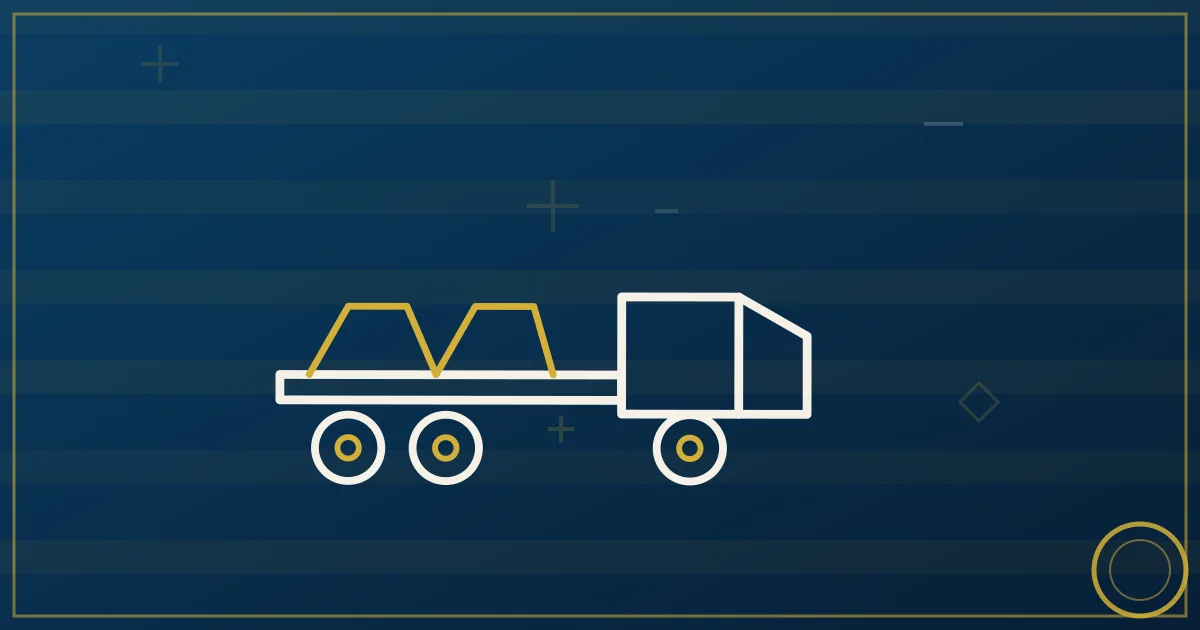 Lapis-blue and gold illustration: flatbed truck on a mountain interstate. No text, no people, no flags.