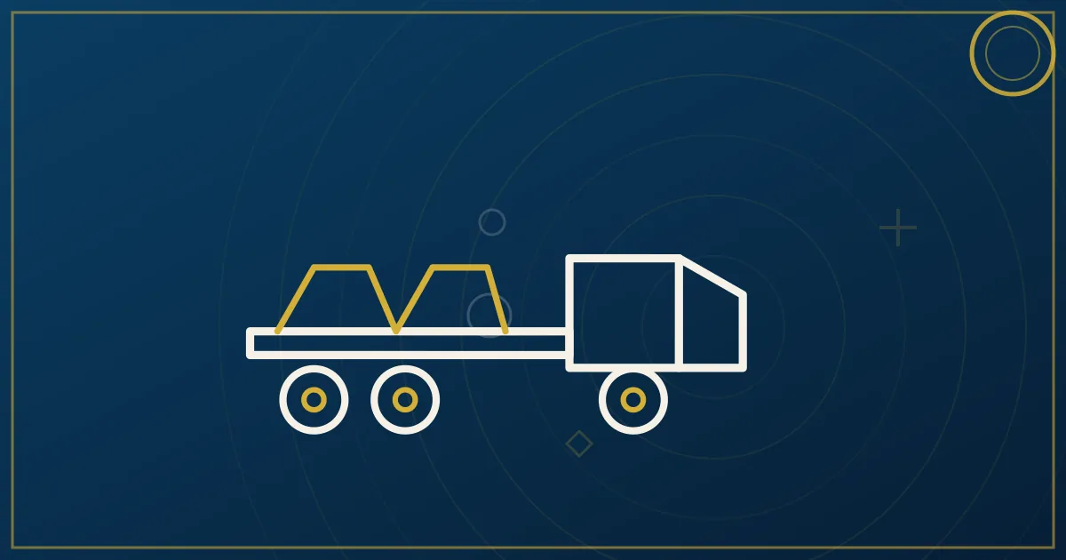 Line-art flatbed carrying roofing bundles and lumber with a stylized storm-cloud-and-sun motif above