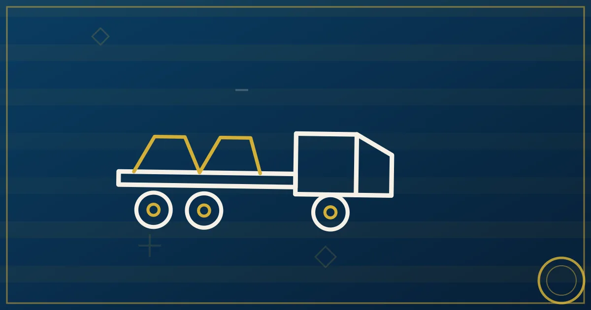 Line-art flatbed stacked with lumber beside a pine-tree row with a port crane in the distance