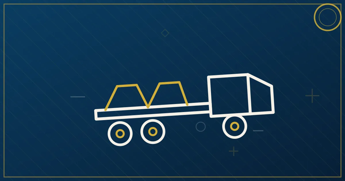 Line-art flatbed carrying a steel coil with rack and chains beside a skyline with industrial smokestacks
