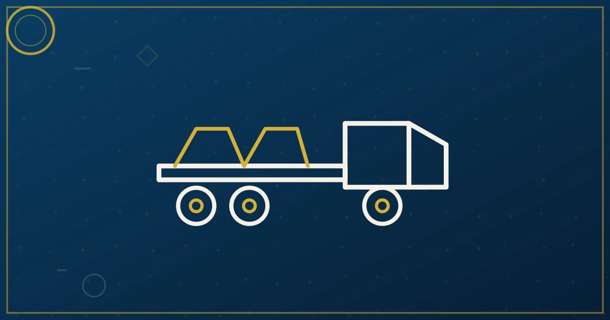 Line-art flatbed carrying crated machinery with a port crane silhouette and toll-gantry icon above