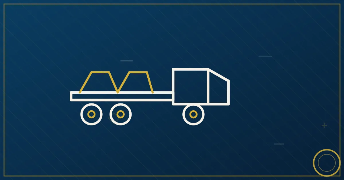 Line-art flatbed carrying an auto-plant equipment crate with a triangular highway map connecting three city dots