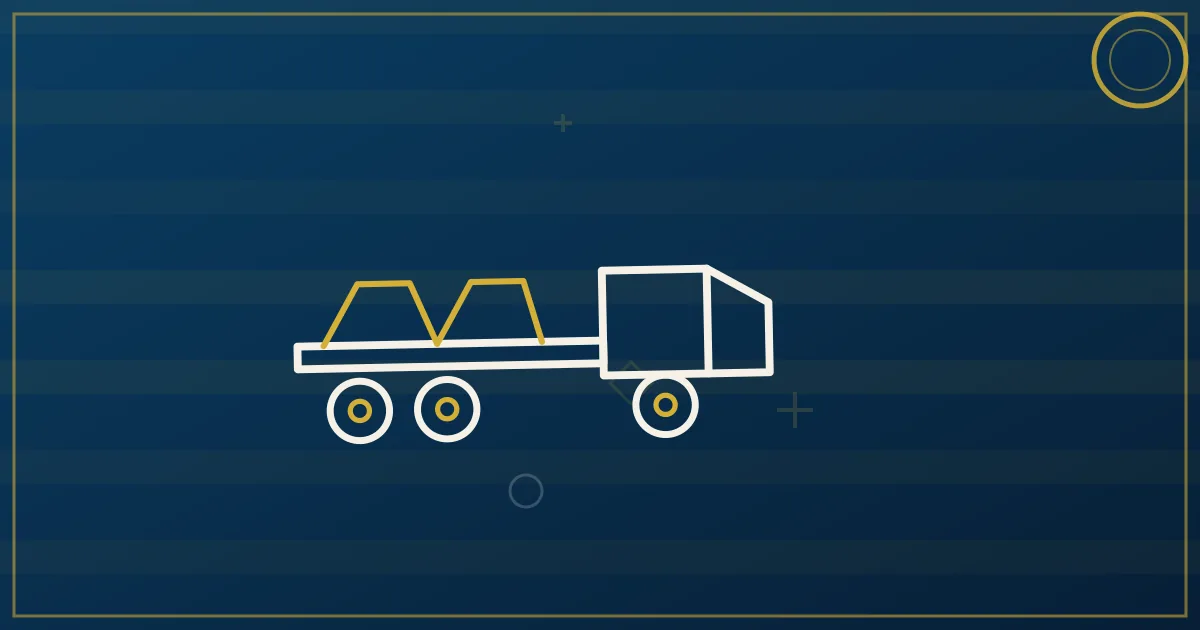 Line-art flatbed carrying steel coils with a river barge and distribution warehouse on the horizon